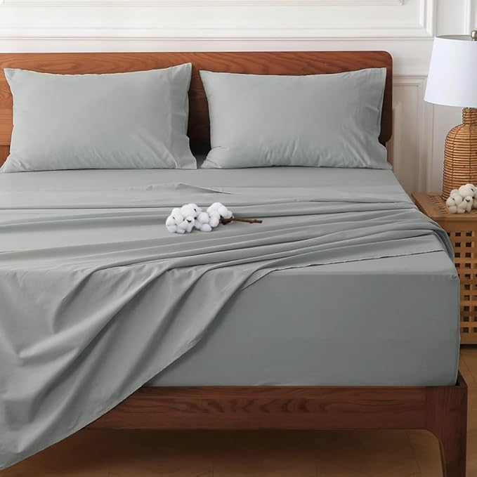 HYPREST Extra Deep Pocket Queen Sheet Sets Fits 18"-24" in Thick Mattress -100% Cotton Queen Sheet Set,Light Grey Sheets Soft Wrinkle Free Cooling Sheet Sets for Queen Bed Deep Pocket