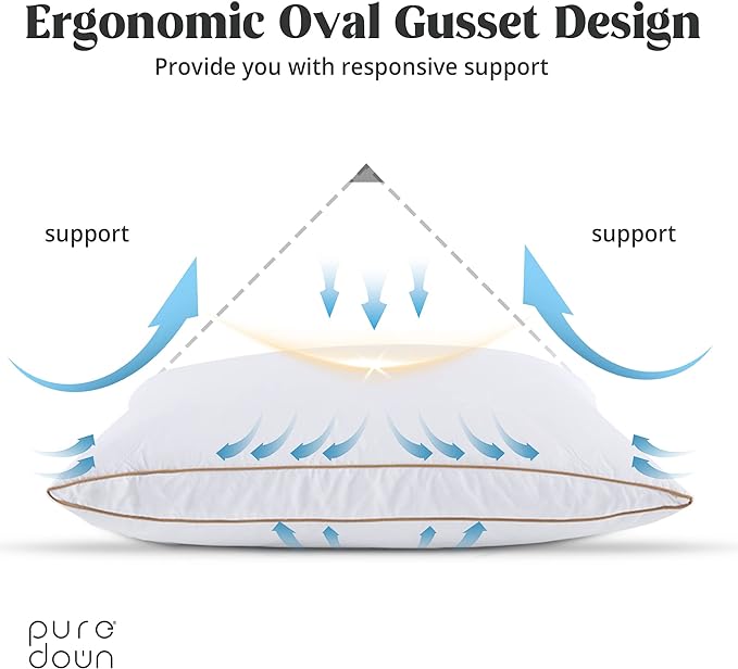 puredown® Natural Goose Down Feather Pillows for Sleeping Oval Gusseted Down Feather Pillow 100% Cotton Pillow Cover with Leaf Quilting Queen Set of 2