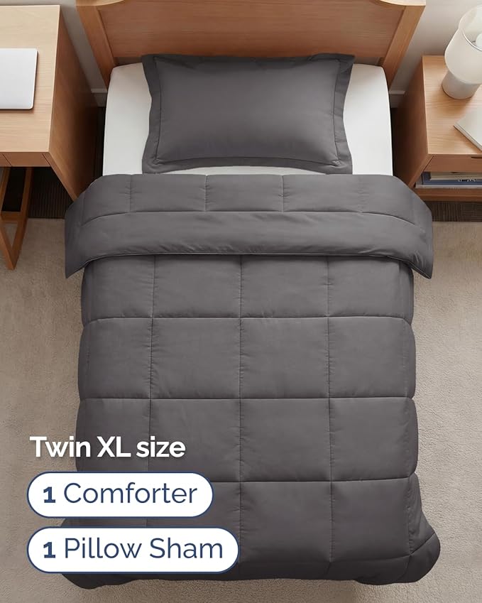 Twin XL Comforter Set - 2 Piece Bed Set for All Seasons - 1 Soft Quilted Comforter w/ Corner Tabs & 1 Pillow Sham - Comfy & Breathable - Premium Down Duvet Insert - Oeko-TEX - Twin XL Size, Dark Grey