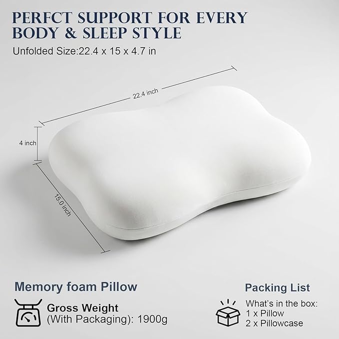 doudou Cervical Pillow for Side Sleepers - Neck Pain Relief Pillow with 3-5 Second Slow Rebound Memory Foam, 360° Ergonomic Support & Cooling Odor-Resistant Pillowcase for Home, Bed, Dorm Use