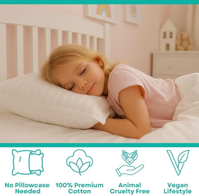 Toddler Pillow 2x–Certified Hypoallergenic Award Winning Baby Pillow (no pillowcase needed) 300TC pure Cotton Shell and Down Alternative fill. Toddler Bedding by Kinder Fluff- Kids pillow 2+ year old