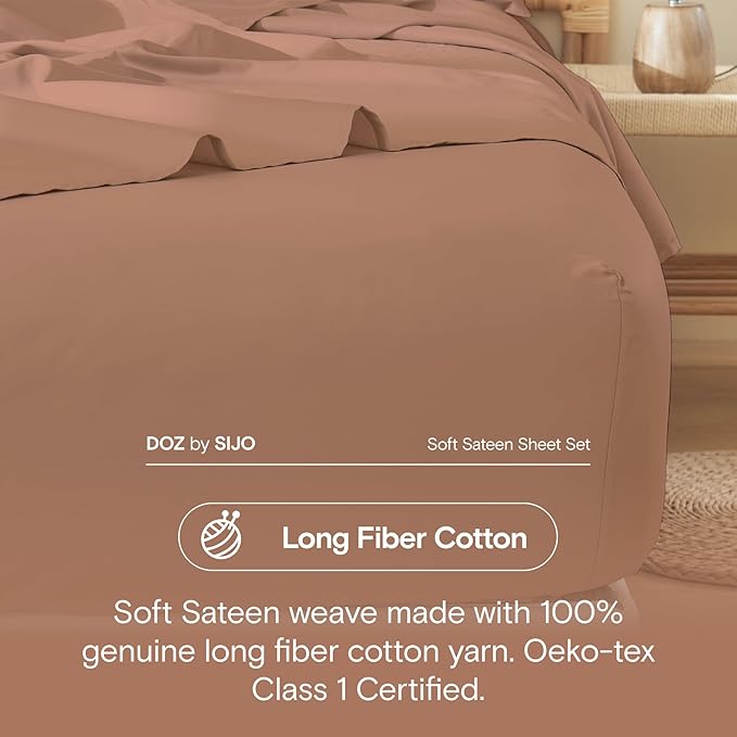 DOZ 100% Long Staple Cotton Duvet Cover Set, Soft Sateen Weave, Smooth, Breathable, Hotel Comfort, 106"x90", 8 Loops, 3pc – 2 Pillowcases 1 Duvet Cover (Clay, King/Cal King)