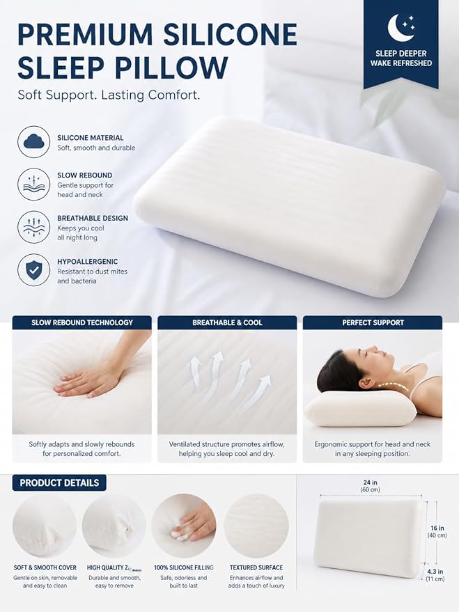 Wave Silicone Pillow, Ergonomic Wave Design for Neck & Shoulder Support, Cooling Breathable Bed Pillow, (Queen (U.S. Standard) Size, (Wave Pillow))