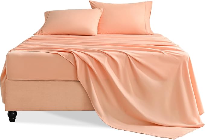 King Size Sheets Set, 4 Pieces Hotel Luxury Soft Microfiber Bed Sheets Set, Up to 16" Deep Pockets, Oeko-Tex Sheets with Elastic, Breathable, Wrinkle Free (Peach Pink, King)