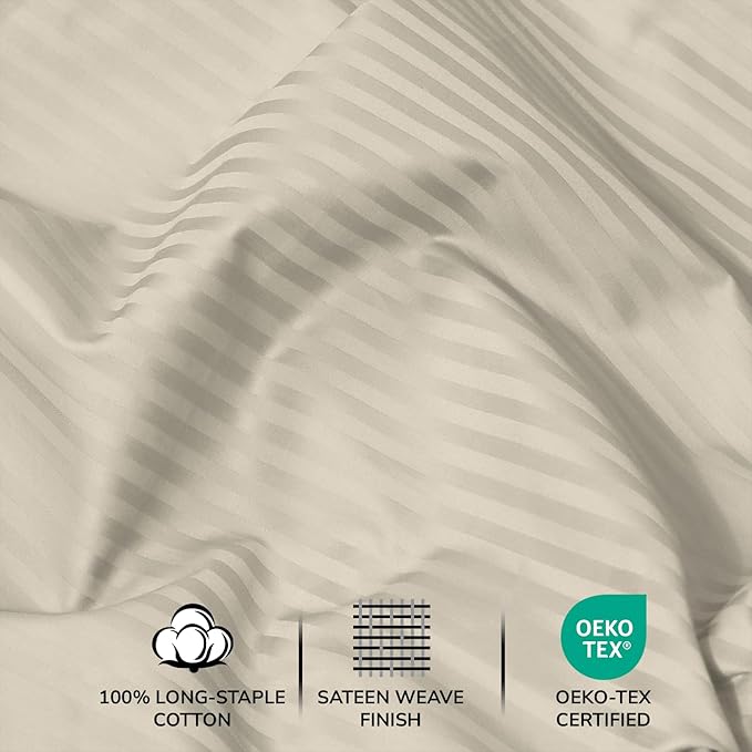 Feather & Stitch 500 TC King Size Damask Bed Sheet Set, 100% Cotton Soft Breathable Bedsheets, 4 Piece 18" Deep Pockets Sateen Weave Striped Bedding Mattress Resort Hotel Luxury- (Beige Stripe)