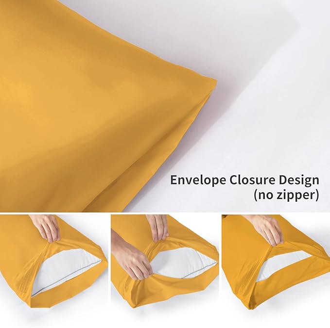 YIYEA California King Pillow Cases Set of 4, Ultra Soft 1800TC Hotel Quality Double Brushed Microfiber Embroidered Pillowcases, Envelope Closure, Fade Resistant (20"x40", Yellow)