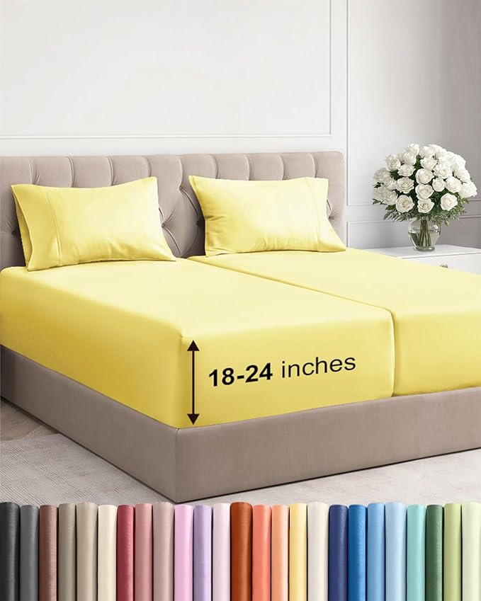 Extra Deep Split King Sheet Set - 5 Piece Breathable & Cooling Bed Sheets - Easily Fits 18 to 24 inch Mattress - Ultra Soft, Wrinkle & Fade Free w/ Extra Deep Pockets - Hotel Luxury Bedding - Yellow