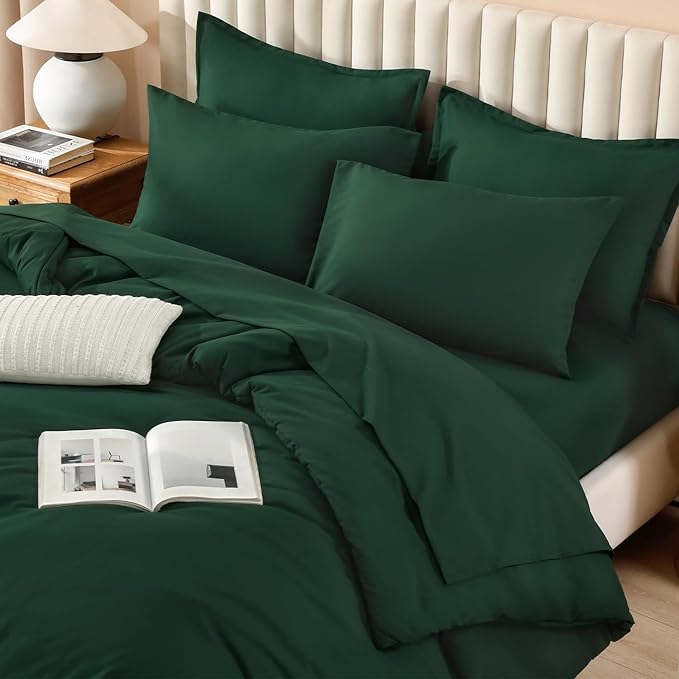 Litanika Super King Comforter Sets Emerald Green - 7 Pieces Bed in a Bag Oversized King Bedding Comforter Sets, Solid Lightweight Bed Set with Comforter, Sheets, Pillowcases & Shams