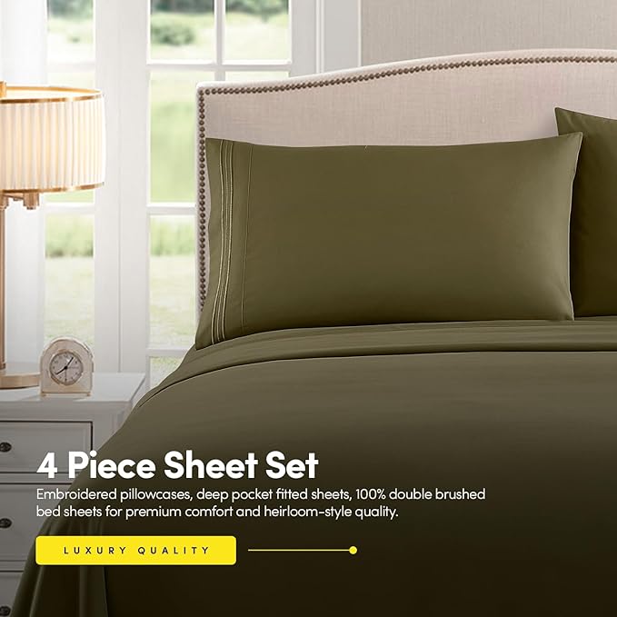 1500 Supreme Collection King Sheet Sets Olive Green - Luxury Hotel Bed Sheets and Pillowcase Set for King Mattress - Extra Soft, Elastic Corner Straps, Deep Pocket Sheets, King Olive Green
