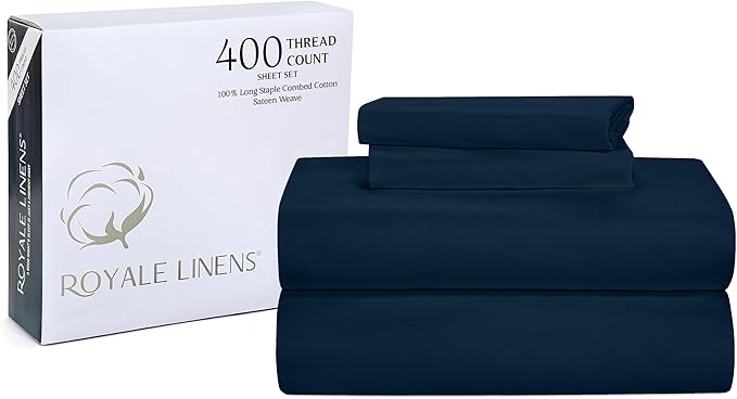 ROYALE LINENS 400 Thread Count 100% American Grown Cotton 4 Piece Sateen King Sheet Set - 1 Fitted Sheet, 1 Flat Sheet, 2 Pillow case - Navy King Bedsheet - Cotton Sheets - (King, Rivera Navy)