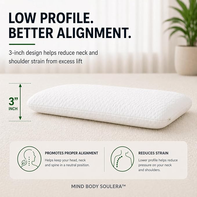 Thin Flat Memory Foam Pillow for Stomach Sleeping, Low Profile Back & Side Sleepers, 3-Inch Cooling Gel Pillow, Bamboo-Tencel Cover