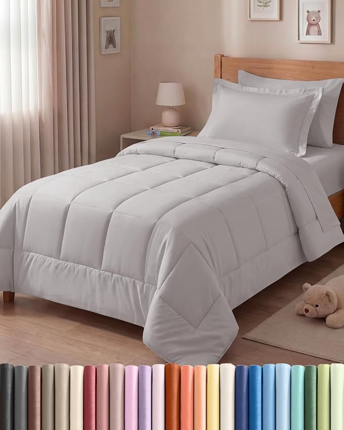 Twin Comforter Set - 5 Piece Bed in a Bag Twin Size Bed Set - Down Alternative Comforter, Flat Sheet, Fitted Sheet, Pillowcase & Sham for All Seasons - Ultra Soft, Comfy and Breathable - Light Grey