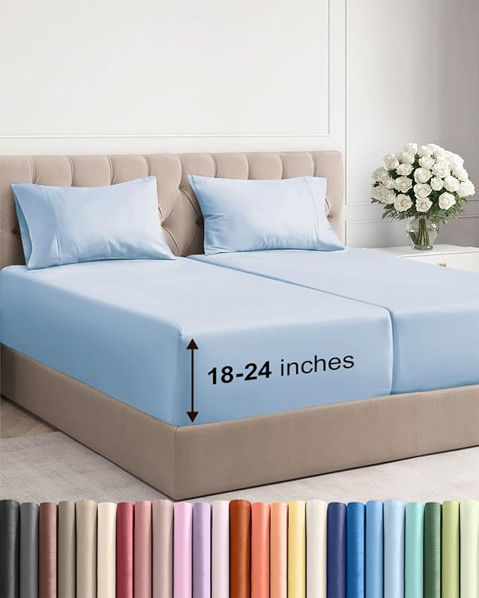 Extra Deep Split King Sheet Set - 5 Piece Breathable & Cooling Bed Sheets - Easily Fits 18 to 24 inch Mattress - Ultra Soft, Wrinkle & Fade Free w/ Extra Deep Pockets - Hotel Luxury Bedding - Sky Blue