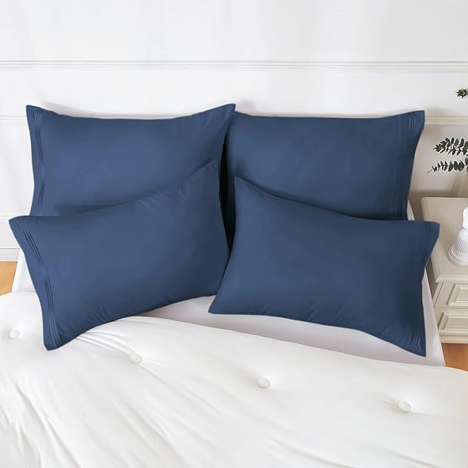 YIYEA Pillow Cases Queen Size Set of 4, Ultra Soft 1800TC Hotel Quality Double Brushed Microfiber Embroidered Pillowcases, Envelope Closure, Fade Resistant (20"x30", Denim)