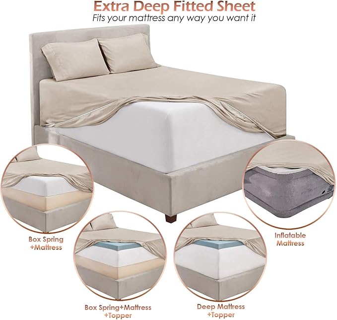 Hearth & Harbor Bed Sheets, Luxury Soft 6 Piece Bed Sheet Set Extra Deep Pocket Fitted Sheets Fits Mattress up to 21", Double Brushed Bedding Sheets & Pillowcases, Full, Natrual Linen