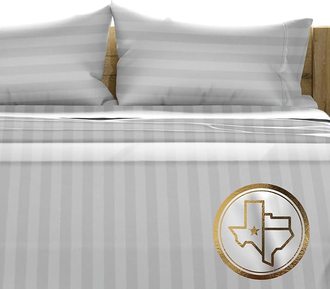 TEXAS LINEN CO. 100% Egyptian Cotton King Sheets Set - Luxury 1500 Series Couture Comfortin' Damask Egyptian Cotton Sheets King Size Bed Set (4 PC, Silver Stripe), 17" Deep Pocket, Hotel Bedding Set