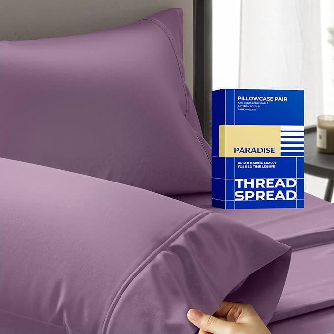 Thread Spread 100% Egyptian Cotton Pillow Cases Queen Size Set of 2 - Luxury 1000 Series Paradise Collection Queen Pillow Cases (Plum), Soft Cooling Sateen Hotel Egyptian Cotton Pillowcases