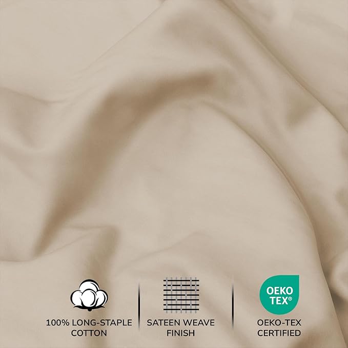 Feather & Stitch 500 TC Queen Size 4pc Damask Bed Sheet Set, 100% Soft Cotton Breathable Bedsheets, 18" Deep Pockets Sateen Weave Solid Bedding Mattress Resort Hotel Luxury Decor - (Champagne Beige)