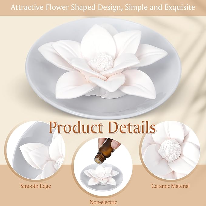 Bokon 9 Pcs Passive Essential Oil Diffuser Flower Style Non Electric Porcelain Aromatherapy Diffusers for Gifts Room Decorative(White)