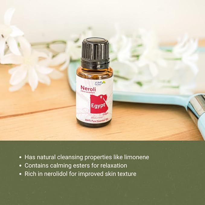 Neroli Essential Oil - Direct from Al Sheikh for Export Egypt - Steam Distilled - Aceite de Neroli for Aromatherapy, Massage, Diffuser, DIY Candle and Soap Making - 5ml