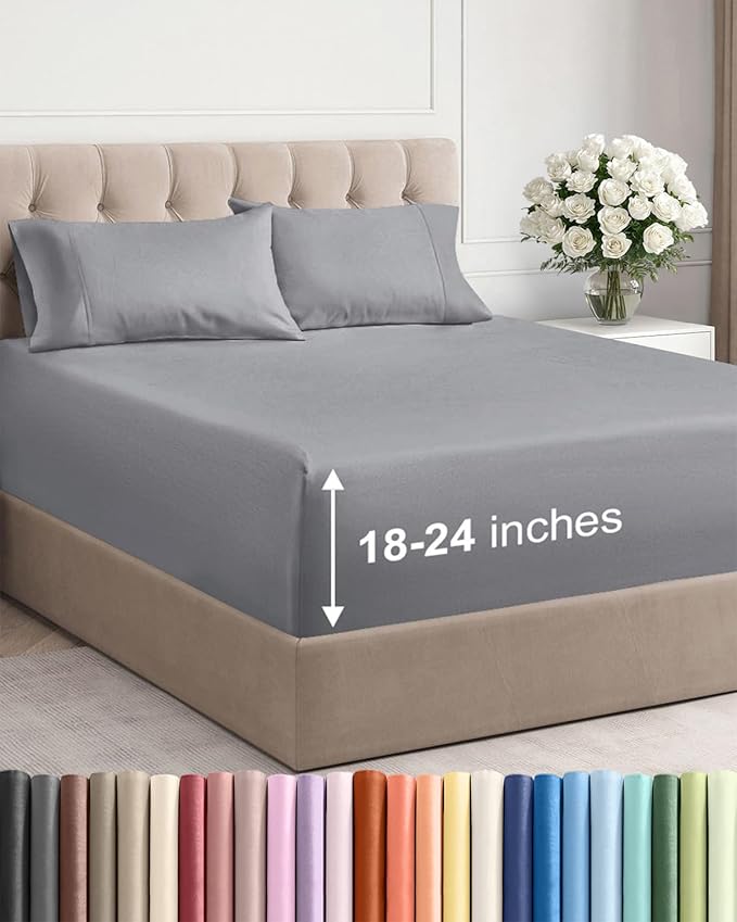 Extra Deep Cal King Sheet Set - 4 Piece Breathable & Cooling Bed Sheets - Easily Fits 18 to 24 inch Mattress - Ultra Soft, Wrinkle & Fade Free w/ Extra Deep Pockets - Hotel Luxury Bedding - Steel Blue