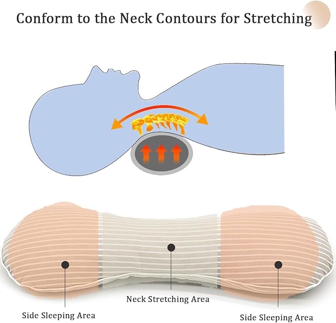 Firm Buckwheat Neck Pillow, Adjustable Height, Cervical Back Support for Neck Pain Relief, Cool Stripe Bone Shape Pillow for Recliner Sleeping, Khaki 19"X7"