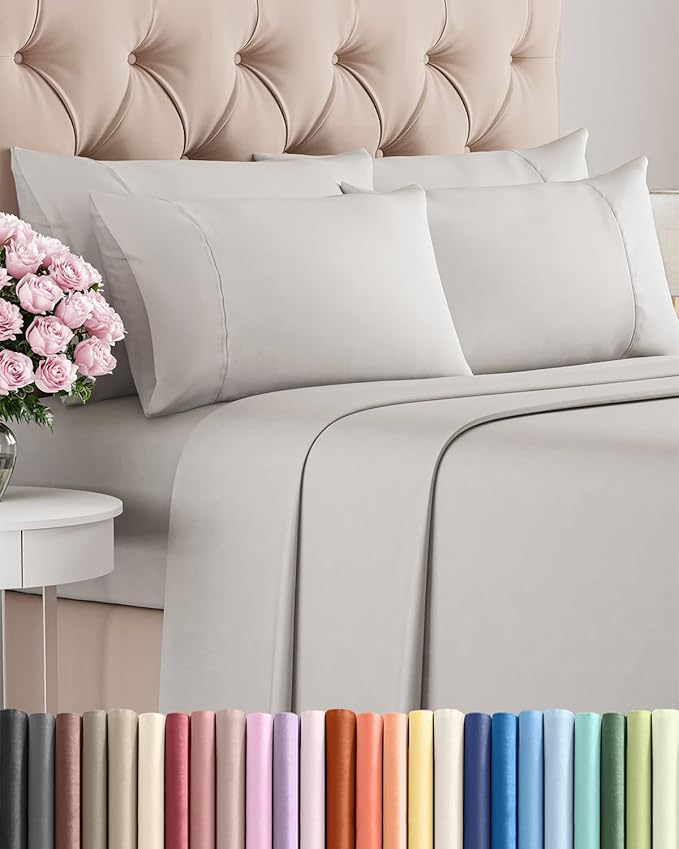 Queen 6 Piece Sheet Set - Comfy Breathable & Cooling - Hotel Luxury Bedding for Women, Men, Kids, Teens & Children - 1 Flat & 1 Fitted Sheet & 4 Pillowcases w/ Deep Pockets, Wrinkle Free - French Grey