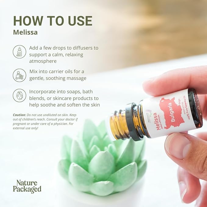 Melissa Essential Oil - Direct from Bulgarian Sustainable Farms - Steam Distilled - Aceite Toronjil for Aromatherapy, Massage, Diffuser, DIY Candle and Soap Making - 5ml