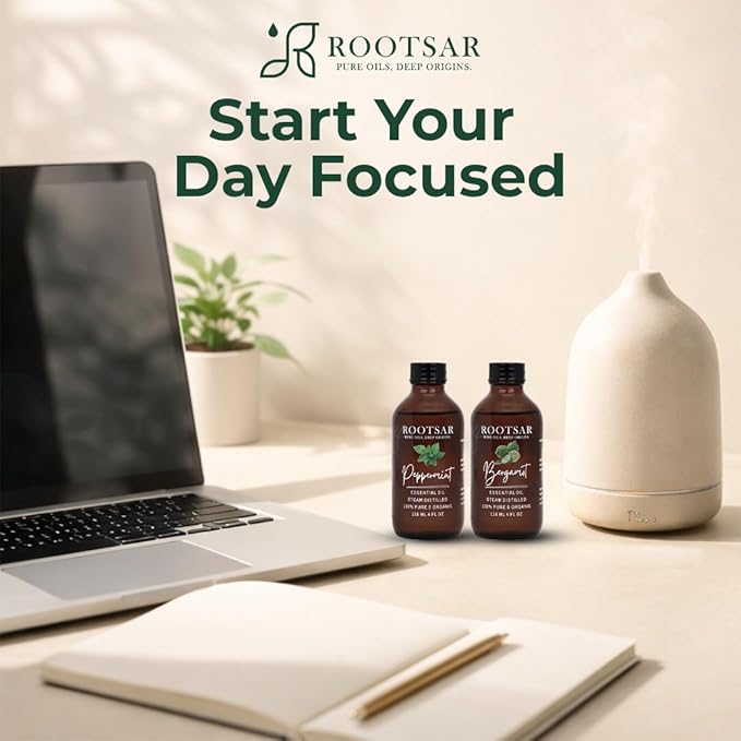 Peppermint & Bergamot Essential Oils Set – 100% Pure & Natural Aromatherapy Diffuser Oils for Focus, Energy, Stress Relief & Mood Support – Premium Uplifting Duo, 4 FL OZ / 118 ML