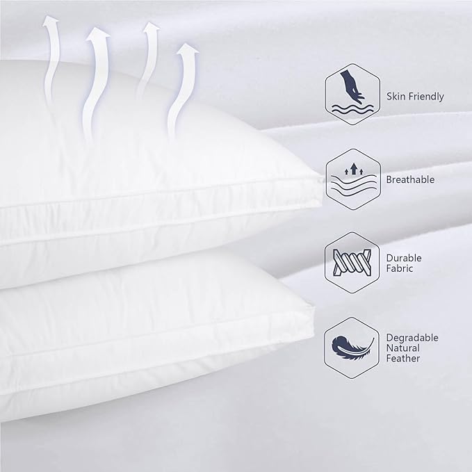Set of 2 Standard Size Down Pillows - Goose Feather & Down Blend Pillows 440 Fill Power, 100% Cotton Cover, Hypoallergenic, Medium Support