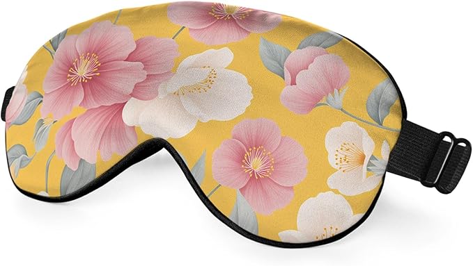 Floral Sleep Eye Mask Japanese Papaya Flowers Yellow Retro Theme Silk Eye Mask Sleeping Soft Eye Shade Cover for Men Women Boy Girl Airplane Travel with Elastic Strap