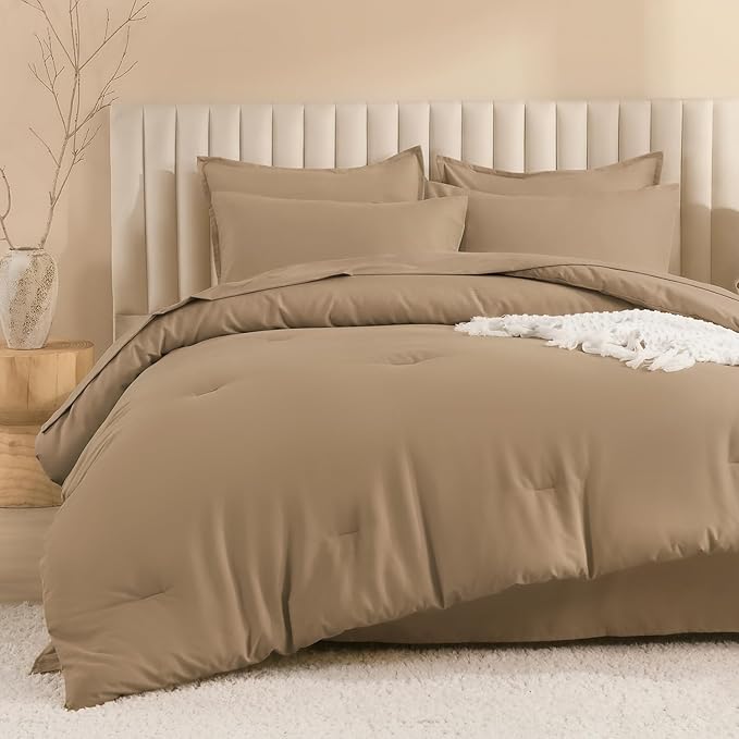 Litanika King Size Comforter Set Taupe - 7 Pieces Bed in a Bag King Bedding Comforter Sets, Solid Lightweight Bed Set with Comforter, Sheets, Pillowcases & Shams
