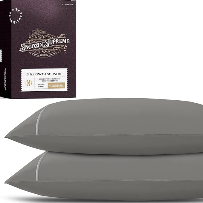 TEXAS LINEN CO. 100% Egyptian Cotton Pillowcases King Size - Snoozin' Supreme Collection 2000 Series Luxury Cotton Pillow Case Set of 2, Cooling Envelope Closure Hotel Pillowcase (21 x 41, Dark Grey)