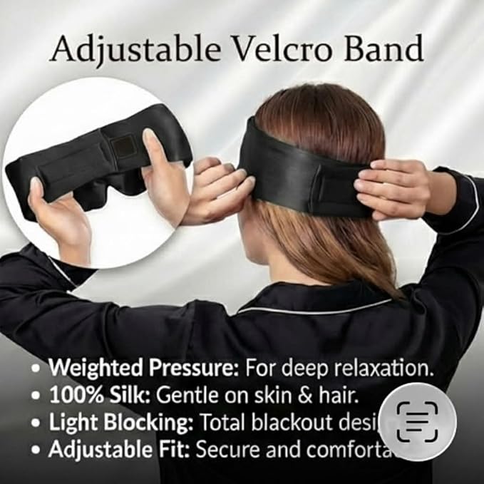 Silk Sleep Mask by The Sakoon Shop, 100% Silk, Weighted, Blackout Eye Mask with Adjustable Velcro Band, Wide Band Design, No Presure on Ears or Face (Black)