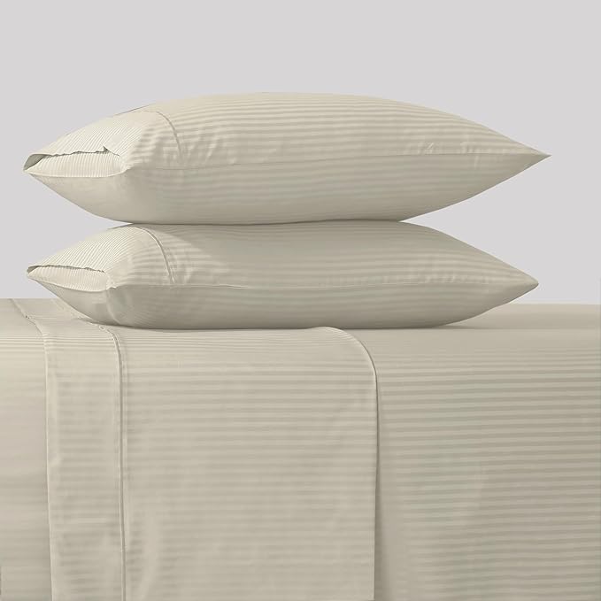 Feather & Stitch 500 TC Queen Size Damask Bed Sheet Set, 100% Cotton Soft Breathable Bedsheets, 4 Piece 18" Deep Pockets Sateen Weave Striped Bedding Mattress Resort Hotel Luxury- (Beige Stripe)