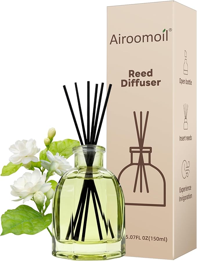 White Jasmine Reed Diffuser Set, 5.07 fl oz with 6 Fiber Sticks, Long Lasting Subtle Home Fragrance, Flameless Minimalist Glass Diffuser for Bathroom Bedroom Office, Hotel Aesthetic Decor & Gift