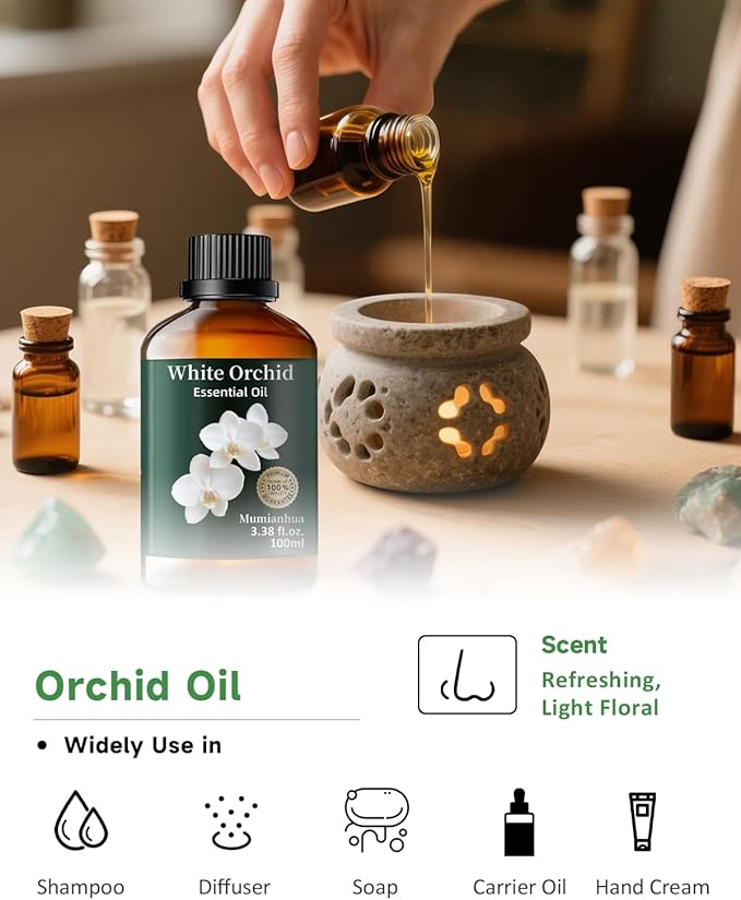 White Orchid Essential Oil, Pure White Orchid Oill Mumianhua Premium Perfume Concentrate for Diffuser, Luxury Scented Candles & Skin-Safe Perfume Making, 3.38 Fl Oz w/Dropper