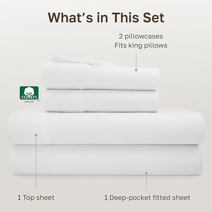 California Design Den Soft 100% Cotton King Size Bed Sheets Set, 400 TC Good Housekeeping Award Winner, Silky Sateen Weave with Deep Pockets, Long Staple Cotton King Bed Sheet Set - Antique White
