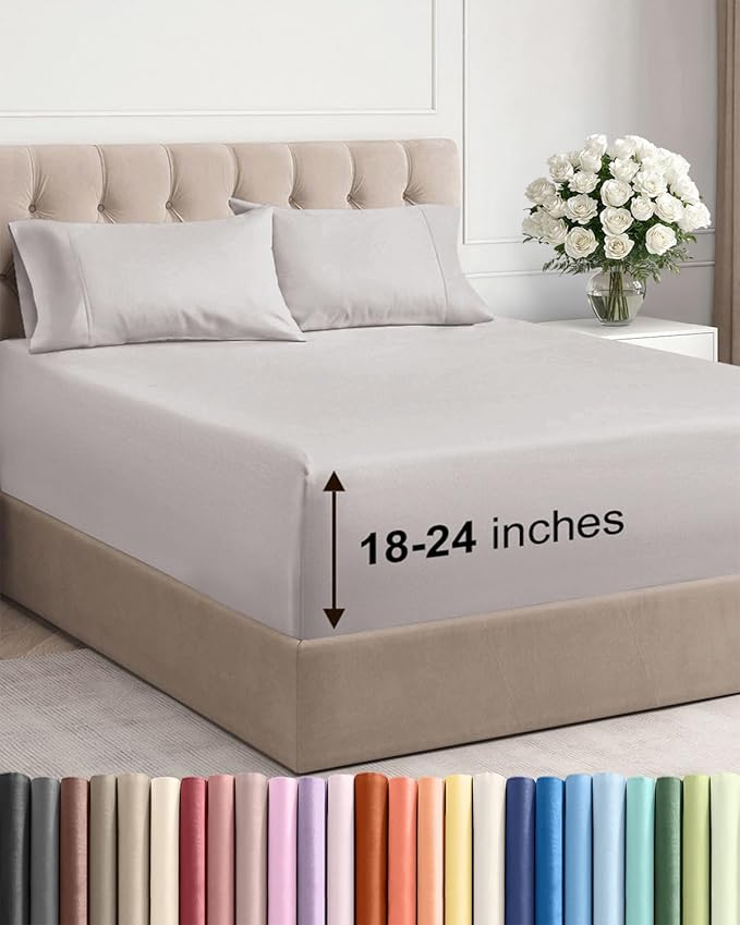 Extra Deep Cal King Sheet Set - 4 Piece Breathable & Cooling Bed Sheets - Easily Fits 18 to 24 inch Mattress - Ultra Soft, Wrinkle & Fade Free w/ Extra Deep Pockets - Hotel Luxury Bedding - Light Grey