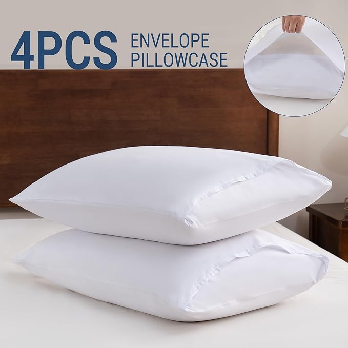 White Pillowcases Standard 4 Pack, 20x26 Pillow Cases with Envelope Closure, Soft Plain Brushed Microfiber Covers Breathable Wrinkle-Resistant