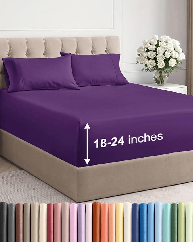 Extra Deep Queen Sheet Set - 4 Piece Breathable & Cooling Bed Sheets - Easily Fits 18 to 24 inch Mattress - Ultra Soft, Wrinkle & Fade Free w/ Extra Deep Pockets - Comfy Hotel Luxury Bedding - Purple