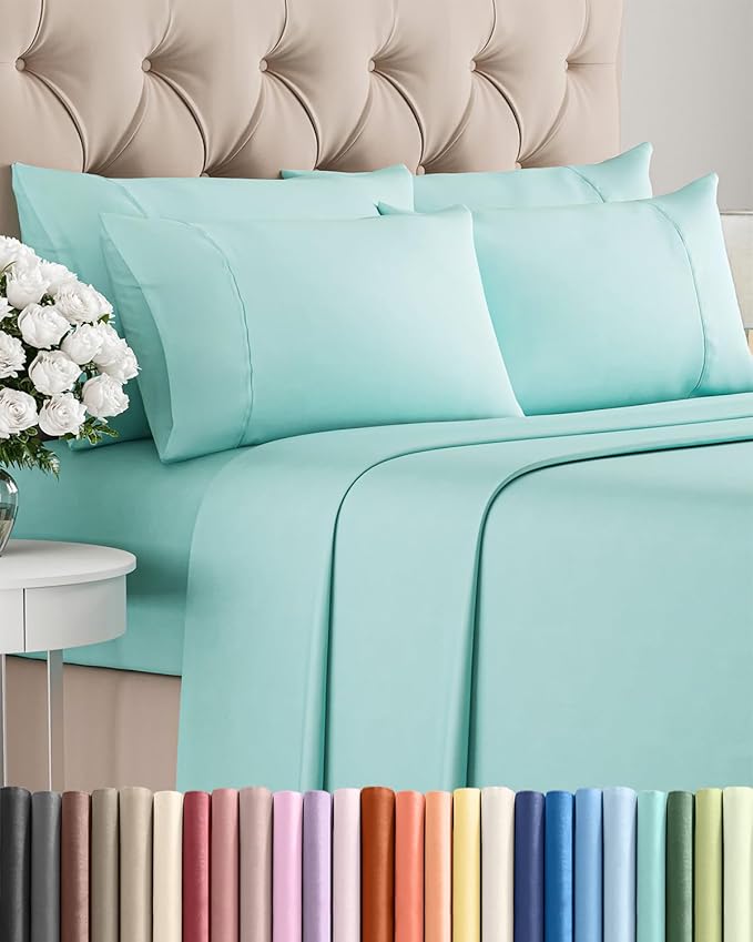 Queen 6 Piece Sheet Set - Comfy, Breathable & Cooling - Hotel Luxury Bedding for Women, Men, Kids, Teens & Children - 1 Flat & 1 Fitted Sheet & 4 Pillowcases w/ Deep Pockets - Wrinkle Free - Spa Blue