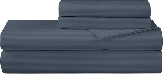 ROYALE LINENS 300 Thread Count 100% Long Staple Combed Cotton Printed Sheet Set - 4 Piece Full Bed Sheets - 1 Fitted, 1 Flat, 2 Pillow Cases -Soft Cool & Crisp Sheet Set (Full, Stripe Navy)