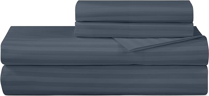 ROYALE LINENS 300 Thread Count 100% Long Staple Combed Cotton Printed Sheet Set - 3 Piece Twin Bed Sheets - 1 Fitted, 1 Flat & Pillow case -Soft Cool & Crisp Sheet Set (Twin, Stripe Navy)