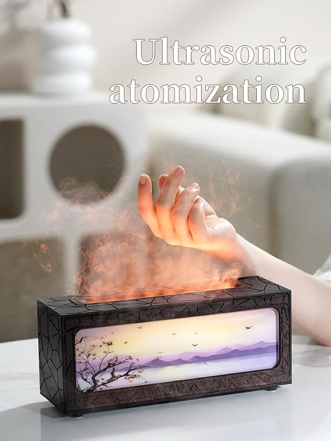Essential Oil Diffusers Ultrasonic Fireplace Flame Aromatherapy Diffuser, Auto Shut-Off, Timer Setting, 7 Colors LED Lights Changing for Home, Office, Spa 200ml (Black)