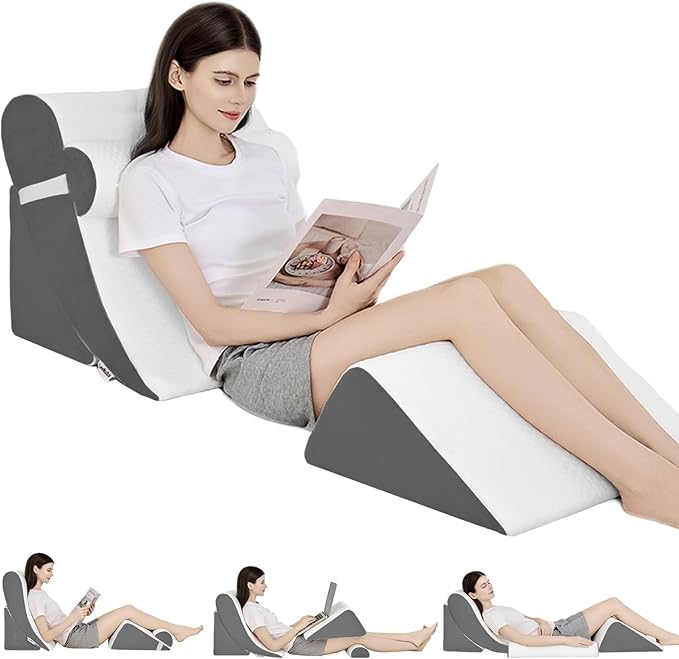 4PCS Orthopedic Bed Wedge Pillow Set for Post Surgery & Pain Relief, Adjustable Wedge Pillow for Back,Acid Reflux,Sitting up in Bed,Recovery,Snoring,Body Pillow for Sleeping (White/Dark Grey)