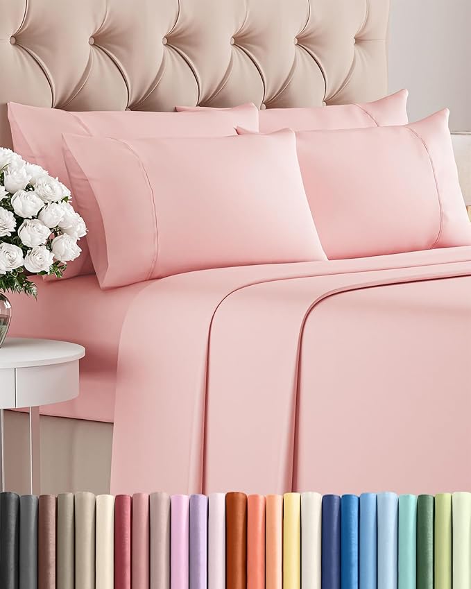 Cal King 6 Piece Sheet Set - Comfy, Breathable & Cooling - Soft Hotel Luxury Bedding for Women, Men, Kids, Teens and Children - 1 Flat & 1 Fitted Sheet & 4 Pillowcases with Deep Pockets - Baby Pink