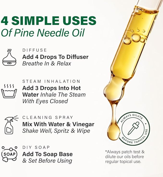 100% Pure Pine Needle Oil - 4 Fl Oz Pine Needle Essential Oil for Hair, Skin, Diffuser, Aromatherapy & DIY Soap Making Scent