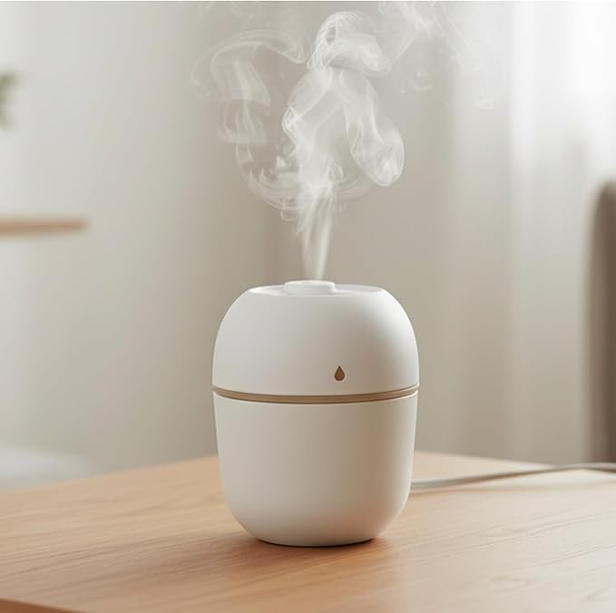 Mini USB Humidifier - Large Capacity, Ultra-Quiet 20dB, 2 Modes (Continuous/Intermittent) with Anti-Dry Burn & Night Light, Nano Mist for Room/Car/Office Desk (<10㎡) (White, 220ml)