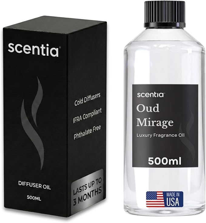 Scentia Oud Mirage Fragrance Oil Refill for Diffusers – Luxury Spicy Woody Home Scent with Cardamom, Sandalwood, Patchouli & Tonka – Cold Air & HVAC Diffuser Oil for Large Spaces – 500 ml (16.9 fl oz)